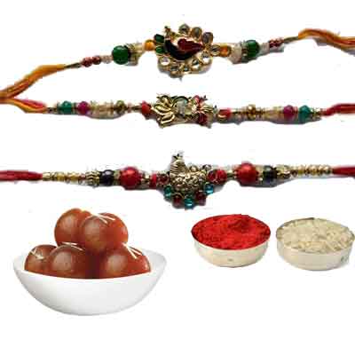 Set Of 3 Peacock Rakhi With Gulab Jamun