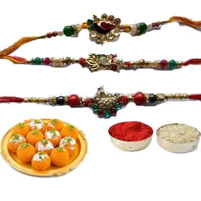 Set Of 3 Peacock Rakhi With Laddu