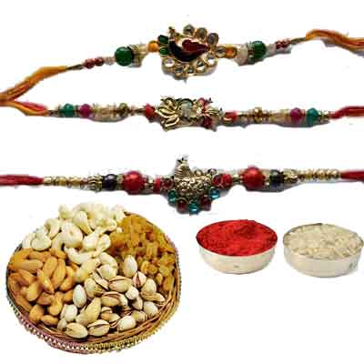 Set Of 3 Peacock Rakhi With Mix Dry Fruits