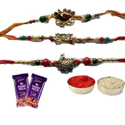 Set Of 3 Peacock Rakhi With Silk