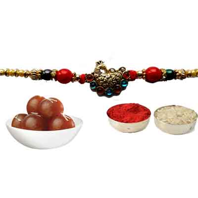 Peacock Rakhi For Brother With Gulab Jamun