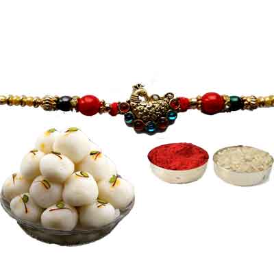 Peacock Rakhi For Brother With Rasgulla