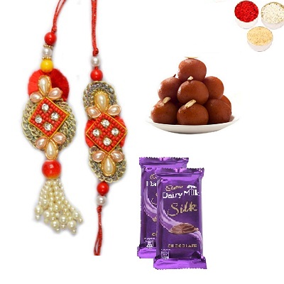 Designer Bhaiya Bhabhi Rakhi, Silk & Gulab Jamun