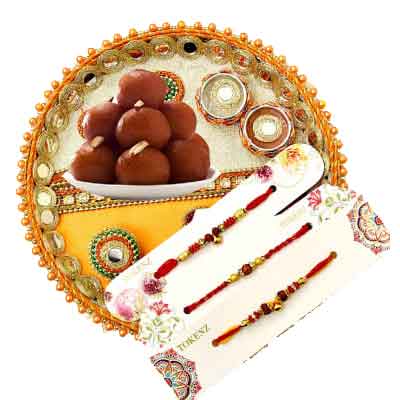 3 Rakhi with Rakhi Thali & Gulab Jamun 3 Rakhi with Rakhi Thali & Gulab Jamun