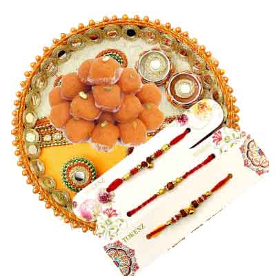 3 Rakhi with Pooja Thali & Laddu