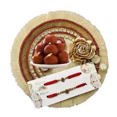 Fancy Rakhi Thali with 2 Rakhi Set, Gulab Jamun Fancy Rakhi Thali with 2 Rakhi Set, Gulab Jamun