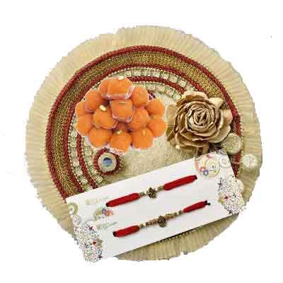 Fancy Rakhi Thali with 2 Rakhi Set, Laddu