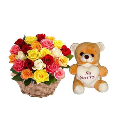 Mix Rose Basket with Sorry Teddy Mix Rose Basket with Sorry Teddy