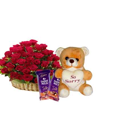 Rose Basket with Sorry Teddy & Chocolates Rose Basket with Sorry Teddy & Chocolates