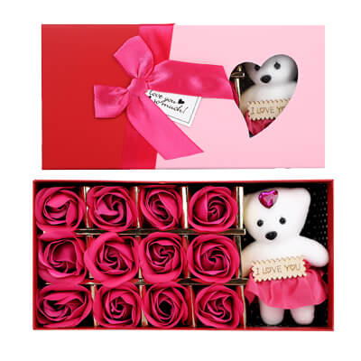 pink roses with teddy bear