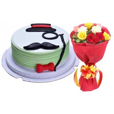 Delectable Fathers Day Vanilla Cake with Bouquet