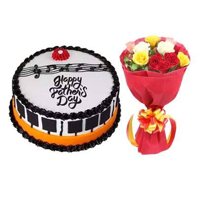 Delicious Fathers Day Chocolate Truffle Cake with Bouquet Delicious Fathers Day Chocolate Truffle Cake with Bouquet