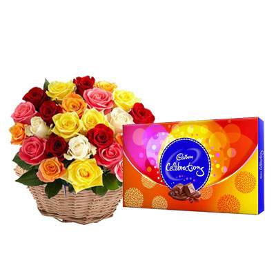 Mix Roses Basket with Celebration