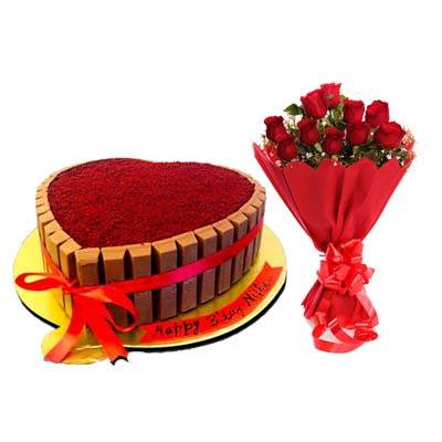 Heart Shape Kitkat Red Velvet Cake with Bouquet