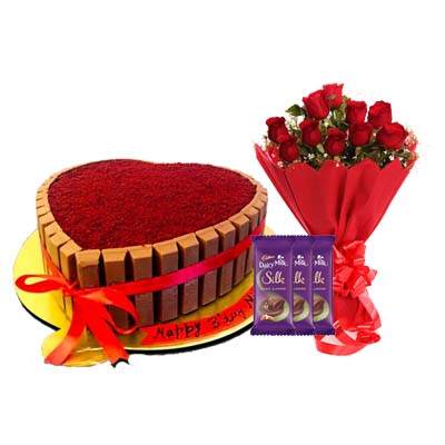 Heart Shape Kitkat Red Velvet Cake with Bouquet, SIlk