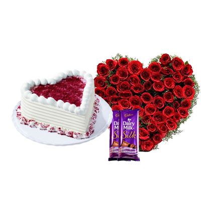 Heart Red Velvet Cake with Heart Bouquet & Silk