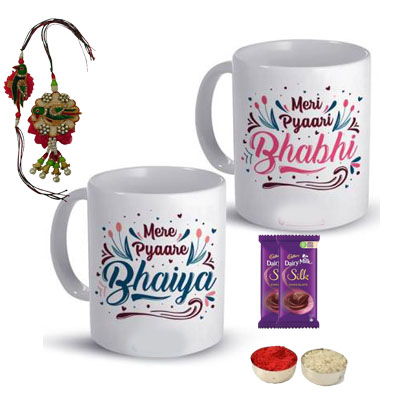 Lumba Rakhi Set with Bhaiya Bhabhi Mugs with Silk Lumba Rakhi Set with Bhaiya Bhabhi Mugs with Silk