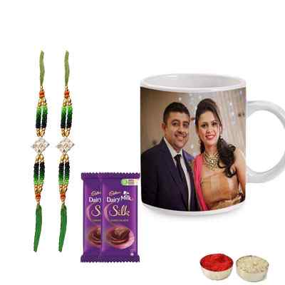 Set of 2 Kundan Rakhi with Photo Mug & Silk Set of 2 Kundan Rakhi with Photo Mug & Silk