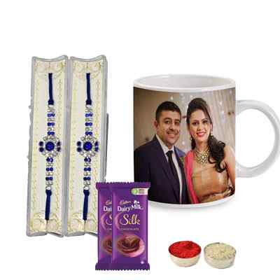 Set of 2 Stone Rakhi with Photo Mug & Silk