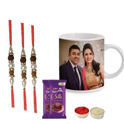 Set of 3 Rudraksha Rakhi with Photo Mugs & Silk Set of 3 Rudraksha Rakhi with Photo Mugs & Silk