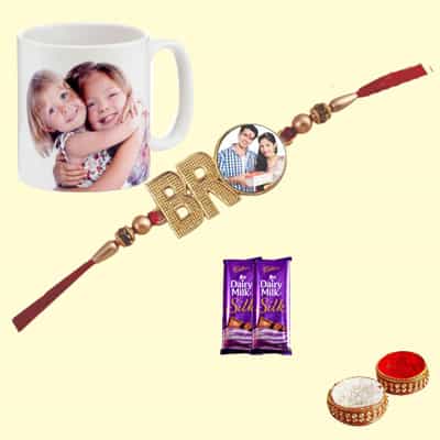 Personalized Metal Bro Rakhi with Photo Mug & Silk