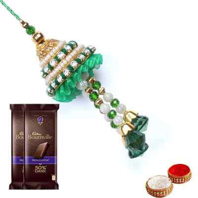 Green Lumba Rakhi for Bhabhi with Bournville Green Lumba Rakhi for Bhabhi with Bournville